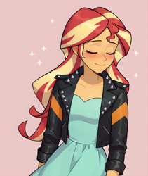 Size: 2696x3200 | Tagged: safe, ai content, derpibooru import, generator:pony diffusion v6 xl, generator:stable diffusion, machine learning generated, sunset shimmer, human, equestria girls, g4, blush lines, blushing, clothes, cute, dress, eyes closed, jacket, leather, leather jacket, prompter:thismaybeyou, shimmerbetes, simple background, smiling, solo, sparkles