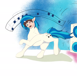 Size: 1919x1919 | Tagged: safe, artist:kangahop, derpibooru import, dj pon-3, vinyl scratch, human, pony, unicorn, g4, eye color change, horn, human to pony, mid-transformation, music notes, solo, speaker, species swap, transformation