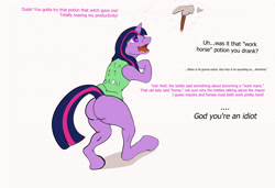 Size: 2321x1588 | Tagged: safe, artist:kangahop, derpibooru import, twilight sparkle, pony, unicorn, g4, butt, clothes, clueless, dialogue, hammer, horn, human to pony, nail, offscreen character, post-transformation, simple background, species swap, talking, transformation, white background