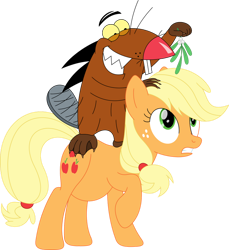 Size: 856x933 | Tagged: safe, artist:porygon2z, derpibooru import, applejack, beaver, earth pony, pony, g4, angry beavers, braid, christmas, crossover, crossover shipping, daggett doofus beaver, holiday, mistletoe, shipping, simple background, transparent background