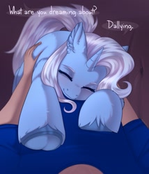 Size: 1755x2048 | Tagged: safe, artist:enderbee, derpibooru import, trixie, human, pony, unicorn, g4, cute, dialogue, diatrixes, eyes closed, female, hoof fluff, hooves, horn, mare, offscreen character, pov, smiling, speech bubble