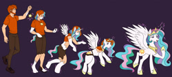 Size: 2854x1291 | Tagged: safe, artist:kiri-anko, derpibooru import, princess celestia, alicorn, human, pony, g4, concave belly, disappearing clothes, female, human to pony, jewelry, male, pendant, simple background, slender, species swap, spread wings, thin, transformation, transformation sequence, transgender transformation, wings