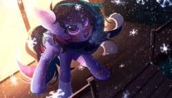 Size: 3500x2000 | Tagged: safe, artist:yuozka, derpibooru import, oc, oc only, pegasus, pony, bandaid, blushing, clothes, female, mare, open mouth, scarf, snow, snowfall, snowflake, solo