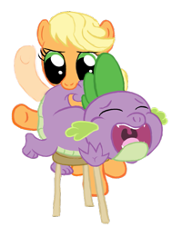 Size: 503x667 | Tagged: safe, derpibooru import, applejack, spike, dragon, earth pony, pony, g4, abuse, baby, baby dragon, discipline, duo, punishment, spanking, spikeabuse, stool