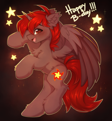 Size: 2279x2480 | Tagged: safe, artist:arisuyukita, derpibooru import, oc, oc:hardy, alicorn, pony, blushing, chest fluff, ear fluff, ears, full body, happy birthday, high res, looking at you, male, open mouth, solo, spread wings, stallion, stars, wings