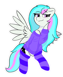 Size: 3279x4000 | Tagged: safe, artist:riley_draws_, derpibooru import, oc, oc only, pegasus, pony, blushing, clothes, cozy, cute, cyan mane, pegasus oc, ponysona, purple eyes, simple background, socks, striped socks, sweater, transparent background, warm