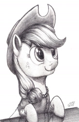 Size: 1297x1985 | Tagged: artist needed, safe, derpibooru import, applejack, earth pony, g4, bust, drawthread, female, grayscale, mare, monochrome, portrait, requested art, secretary, signature, solo, traditional art