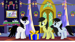 Size: 7910x4531 | Tagged: safe, artist:ncolque, derpibooru import, oc, oc only, oc:chloe park, oc:sadie park, oc:shane park, pegasus, female, hearth's warming, indoors, male, present, twilight's castle