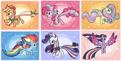 Size: 1244x625 | Tagged: safe, artist:tori8812, derpibooru import, applejack, fluttershy, pinkie pie, rainbow dash, rarity, twilight sparkle, twilight sparkle (alicorn), alicorn, earth pony, pegasus, pony, unicorn, g4, black outlines, blue background, element of generosity, element of honesty, element of kindness, element of laughter, element of loyalty, element of magic, female, group, horn, lavender background, mane six, mare, orange background, pink background, rainbow power, sextet, simple background, sparkles