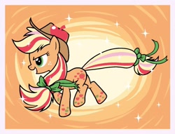 Size: 1175x900 | Tagged: safe, artist:tori8812, derpibooru import, applejack, earth pony, pony, g4, applejack's hat, black outlines, bow, clothes, cowboy hat, element of honesty, female, hair bow, hat, mare, orange background, rainbow power, simple background, sparkles, tail, tail bow