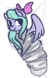 Size: 431x651 | Tagged: safe, artist:anonymous, derpibooru import, flitter, pegasus, g4, blanket, blanket burrito, burrito, colored, drawthread, eye clipping through hair, female, food, looking at you, mare, requested art, sketch, solo, wings