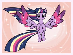 Size: 1174x898 | Tagged: safe, artist:tori8812, derpibooru import, twilight sparkle, twilight sparkle (alicorn), alicorn, pony, g4, black outlines, element of magic, female, horn, looking at you, mare, pink background, rainbow power, simple background, solo, sparkles, spread wings, wings