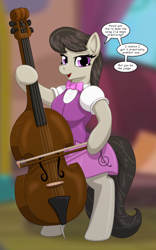 Size: 1250x2000 | Tagged: safe, artist:runningtoaster, derpibooru import, octavia melody, earth pony, human, semi-anthro, g4, arm hooves, blurry background, bow (instrument), bowtie, breasts, cello, clothes, colored, dialogue, equestria girls outfit, female, human to pony, looking at you, musical instrument, open mouth, open smile, orbtavia, requested art, simple background, smiling, solo, species swap, speech bubble, transformation, transformed