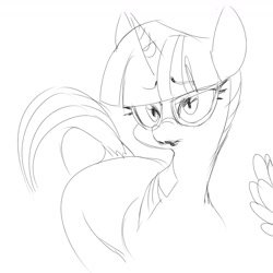 Size: 1299x1299 | Tagged: safe, artist:sunibee, derpibooru import, twilight sparkle, unicorn twilight, pony, unicorn, g4, black and white, female, glasses, grayscale, horn, lipstick, mare, monochrome, simple background, sketch, solo