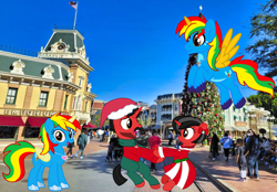 Size: 2472x1722 | Tagged: safe, artist:shieldwingarmorofgod, derpibooru import, oc, oc:mickey motion, oc:minnie motion, oc:royal strength, oc:shield wing, alicorn, human, unicorn, alicorn oc, christmas, disneyland, female, holiday, horn, irl, irl human, male, photo, wings