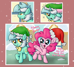 Size: 4569x4156 | Tagged: safe, artist:background basset, derpibooru import, lyra heartstrings, pinkie pie, earth pony, pony, unicorn, g4, blushing, christmas, clothes, dialogue, duo, hat, holiday, horn, open mouth, santa hat, scarf, smiling, text