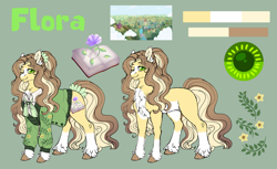 Size: 1280x783 | Tagged: safe, artist:malinraf1615, derpibooru import, oc, oc:flora, earth pony, pony, clothes, female, mare, reference sheet, solo