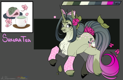 Size: 2000x1300 | Tagged: safe, artist:legendaryshadee, derpibooru import, oc, oc only, oc:sakura tea, pony, unicorn, ahoge, bio in description, bow, chest fluff, clothes, color palette, colored hooves, facial markings, female, flower, flower in hair, gradient tail, gray eyes, hair bow, hooves, horn, leg warmers, mare, pale belly, passepartout, reference sheet, solo, tail, traditional art, unicorn oc, unshorn fetlocks