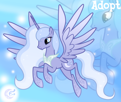 Size: 1280x1081 | Tagged: safe, artist:vi45, derpibooru import, oc, oc only, alicorn, pony, adoptable, alicorn oc, base used, blue eyes, blue mane, blue tail, blue wingtips, colored hooves, colored wings, colored wingtips, concave belly, eyelashes, female, female oc, flying, gradient background, gradient mane, gradient tail, gradient wings, hooves, horn, long horn, long mane, long tail, mare, mare oc, peytral, profile, purple coat, purple hooves, raised hooves, slender, smiling, solo, sparkles, sparkly mane, sparkly tail, speckled, spread wings, tail, tall, thin, two toned wings, unicorn horn, wavy mane, wavy tail, wings, zoom layer