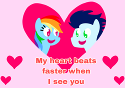 Size: 3553x2499 | Tagged: safe, anonymous artist, derpibooru exclusive, derpibooru import, rainbow dash, soarin', pegasus, pony, series:soarindash relationship, series:soarindash romantic tales, creepy, creepy smile, female, heart, male, mare, pointy ponies, shipping, smiling, soarindash, stallion, straight, text