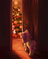 Size: 2493x3066 | Tagged: safe, artist:polnocnykot, derpibooru import, sweetie belle, g4, christmas, christmas eve, christmas tree, cute, doorway, female, filly, foal, glasses, holiday, peeking, raised hoof, raised leg, rear view, santa claus, solo focus, tree, unshorn fetlocks