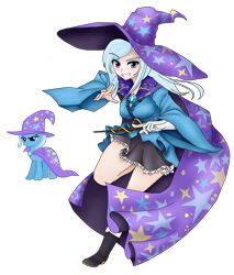 Size: 1700x2000 | Tagged: safe, artist:magico-enma, derpibooru import, trixie, human, pony, unicorn, g4, cape, clothes, eyeshadow, female, hat, horn, human ponidox, humanized, light skin, looking at you, makeup, mare, self paradox, self ponidox, simple background, skirt, smiling, solo, transparent background, trixie's cape, trixie's hat, wand