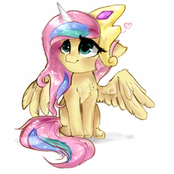 Size: 2449x2449 | Tagged: safe, artist:katemaximova, artist:upbeatderpness, derpibooru import, fluttershy, pegasus, pony, g4, testing testing 1-2-3, blushing, chest fluff, clothes, cosplay, costume, cute, daaaaaaaaaaaw, fake horn, female, heart, hnnng, implied princess celestia, jewelry, mare, my little pony: friendship is magic, shyabetes, shylestia, simple background, sitting, smiling, solo, spread wings, tiara, white background, wings