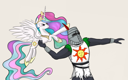 Size: 3084x1944 | Tagged: safe, artist:buttfondler, derpibooru import, princess celestia, alicorn, human, pony, g4, angry, crossover, cute, cutelestia, dark souls, duo, epic wife tossing, fastball special, female, frown, glare, holding a pony, mare, pointing, pose, praise the sun, serious, simple background, size difference, solaire of astora, spread wings, white background, wings