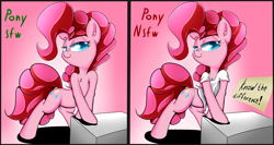 Size: 3000x1600 | Tagged: safe, artist:madacon, derpibooru import, pinkie pie, earth pony, pony, g4, clothes, comparison, female, know the difference, mare, panties, shirt, solo, thong, underwear, we don't normally wear clothes