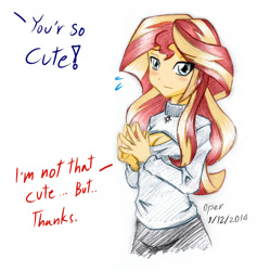 Size: 1200x1206 | Tagged: safe, artist:operationmank, derpibooru import, sunset shimmer, human, equestria girls, g4, blatant lies, blushing, boob window, breasts, cleavage, clothes, cute, female, grammar error, i'm not cute, keyhole turtleneck, misspelling, modesty, open-chest sweater, shimmerbetes, solo, sweater, turtleneck