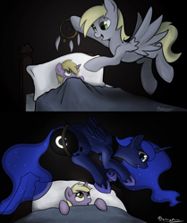 Size: 1280x1534 | Tagged: safe, artist:tetrapony, derpibooru import, derpy hooves, dinky hooves, princess luna, alicorn, pegasus, pony, unicorn, g4, :o, bed, black background, blanket, butt, butt squish, caught, commission, cute, daaaaaaaaaaaw, dark, derpabetes, dinkabetes, dream walker luna, dreamcatcher, dreamcaught luna, equestria's best mother, ethereal mane, featured on derpibooru, female, filly, flowing mane, flying, foal, food, frown, hanging, hnnng, horn, literal, lunabetes, mare, moonbutt, muffin, oops my bad, open mouth, pillow, plot, scared, shocked, signature, simple background, spread wings, stuck, sweet dreams fuel, the ass was fat, the ass was too fat, trapped, wide eyes, wings, wrong eye color