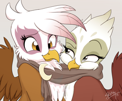 Size: 2100x1750 | Tagged: safe, artist:bluefeathercat, derpibooru import, gilda, greta, griffon, g4, clothes, cute, female, gildadorable, grelda, gretadorable, lesbian, looking at each other, looking at someone, scarf, shared clothing, shared scarf, shipping, simple background, smiling