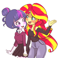 Size: 2468x2431 | Tagged: safe, artist:chibicmps, derpibooru import, sci-twi, sunset shimmer, twilight sparkle, human, equestria girls, friendship games, g4, blushing, clothes, cute, denim, female, holding hands, jeans, lesbian, off shoulder, pants, sci-twishimmer, shipping, sunsetsparkle