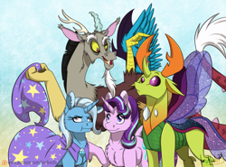 Size: 2606x1928 | Tagged: safe, artist:inuhoshi-to-darkpen, derpibooru import, discord, starlight glimmer, thorax, trixie, changedling, changeling, draconequus, pony, unicorn, g4, season 6, to where and back again, :<, :t, accessory theft, cape, changeling king, clothes, ear fluff, ears, eyebrows, female, floppy ears, fluffy, frown, group, hat, horn, king thorax, looking down, male, mare, my little pony: friendship is magic, open mouth, patreon, patreon logo, poking, quartet, raised eyebrow, reformed four, smiling, spread wings, trixie's cape, trixie's hat, unamused, unshorn fetlocks, wide eyes, wings