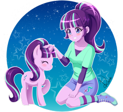 Size: 2568x2335 | Tagged: safe, artist:karis-coba, derpibooru import, starlight glimmer, human, pony, equestria girls, g4, blushing, clothes, converse, cute, equestria girls-ified, eyes closed, female, glimmerbetes, grin, human ponidox, kneeling, mare, petting, ponytail, raised hoof, raised leg, self paradox, self ponidox, shirt, shoes, simple background, sitting, skirt, smiling, sneakers, socks, sparkles, stars, striped socks, transparent background