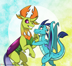 Size: 2048x1904 | Tagged: safe, artist:inuhoshi-to-darkpen, derpibooru import, princess ember, thorax, changedling, changeling, dragon, g4, season 7, triple threat, changeling x dragon, compound eyes, embrax, female, friendshipping, interspecies, king thorax, male, my little pony: friendship is magic, nudity, one eye closed, sheath, shipping, straight, wink