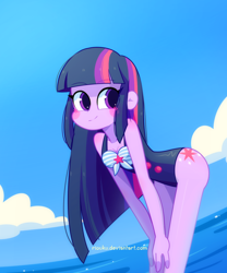 Size: 1100x1320 | Tagged: safe, artist:riouku, derpibooru import, twilight sparkle, human, equestria girls, g4, clothes, cloud, cute, cutie mark on human, female, ocean, one-piece swimsuit, sky, smiling, solo, swimsuit, twiabetes, water