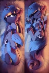 Size: 2000x3000 | Tagged: safe, artist:freeedon, derpibooru import, princess luna, alicorn, pony, g4, body pillow, body pillow design, crown, cute, eyes closed, female, filly, foal, jewelry, looking at you, lunabetes, mare, regalia, sleeping, smiling, solo, woona, younger