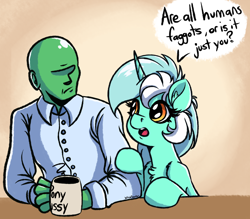 Size: 2618x2291 | Tagged: safe, artist:witchtaunter, derpibooru import, lyra heartstrings, oc, oc:anon, pony, unicorn, g4, clothes, cup, dialogue, duo, faggot, female, horn, mare, shirt, slur, unamused, ur a faget, vulgar