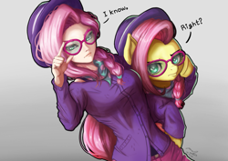 Size: 1529x1080 | Tagged: safe, artist:the-park, derpibooru import, fluttershy, human, pegasus, pony, fake it 'til you make it, g4, alternate hairstyle, duo, female, hipstershy, human ponidox, humanized, looking at you, mare, my little pony: friendship is magic, self paradox, self ponidox, simple background