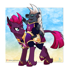 Size: 1600x1655 | Tagged: safe, artist:inuhoshi-to-darkpen, derpibooru import, fizzlepop berrytwist, grubber, tempest shadow, pony, unicorn, g4, my little pony: the movie, annoyed, armor, broken horn, duo, dusk guard, eye scar, eyebrows, facial scar, female, gradient background, horn, leonine tail, mare, patreon, patreon logo, raised eyebrow, riding, royal guard, scar, tail, tempest becomes a royal guard, tempest shadow is not amused, torn ear, twilight's royal guard, unamused, unshorn fetlocks