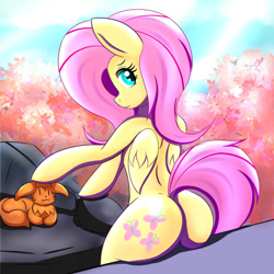 Size: 1200x1200 | Tagged: safe, artist:canister, derpibooru import, fluttershy, pegasus, pony, semi-anthro, g4, arm hooves, butt, eevee, female, flutterbutt, looking back, mare, petting, plot, pokémon, pokémon red and blue, tree