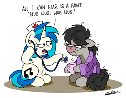 Size: 2190x1702 | Tagged: safe, artist:bobthedalek, derpibooru import, dj pon-3, octavia melody, vinyl scratch, earth pony, pony, unicorn, g4, annoyed, bathrobe, clothes, female, hat, horn, mare, mug, nurse hat, octavia is not amused, red nosed, redraw, robe, sick, simple background, stethoscope, unamused, white background, wub