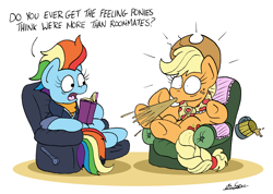 Size: 2292x1628 | Tagged: safe, artist:bobthedalek, derpibooru import, applejack, rainbow dash, pony, g4, the last problem, book, chair, cider, clothes, female, granny smith's shawl, implied appledash, implied lesbian, implied shipping, mare, my little pony: friendship is magic, not shipping, older, older applejack, older rainbow dash, recliner, roommates, sappho and her friend, scarf, shipping denied, signature, simple background, spit take, white background