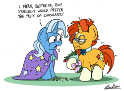 Size: 2268x1665 | Tagged: safe, artist:bobthedalek, derpibooru import, sunburst, trixie, pony, unicorn, g4, backwards cutie mark, blaze (coat marking), bouquet, bowtie, coat markings, duo, eating, eating flower, facial markings, female, flower, hearts and hooves day, herbivore, hoof hold, horn, horses doing horse things, implied shipping, implied starburst, implied straight, inconvenient trixie, male, mare, socks (coat marking), stallion, sunburst is not amused, unamused