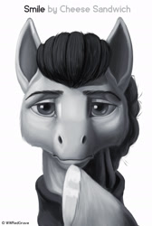 Size: 1293x1920 | Tagged: safe, artist:wwredgrave, derpibooru import, cheese sandwich, earth pony, pony, g4, the last laugh, apple (company), bust, grayscale, looking at you, male, monochrome, my little pony: friendship is magic, parody, portrait, simple background, solo, stallion, steve jobs, white background