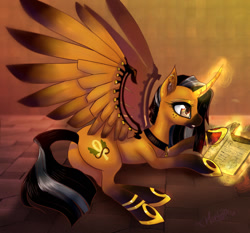 Size: 1500x1396 | Tagged: safe, artist:konekonoarashi, derpibooru import, oc, oc only, oc:sphinx, alicorn, pony, alicorn oc, black and yellow, book, butt, curved horn, ear piercing, egyptian, featureless crotch, female, horn, lying down, magic, mare, piercing, plot, prone, reading, solo, telekinesis, wings