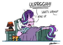 Size: 2117x1528 | Tagged: safe, artist:bobthedalek, derpibooru import, starlight glimmer, pony, unicorn, g4, annoyed, bed, bed mane, board game, clothes, dialogue, dragon pit, female, groan, horn, implied shipping, implied starburst, implied straight, implied sunburst, lamp, messy mane, morning ponies, offscreen character, pajamas, simple background, slippers, solo, themed slippers, white background