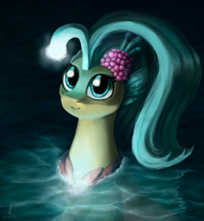 Size: 1024x1110 | Tagged: safe, artist:aschenstern, derpibooru import, princess skystar, seapony (g4), g4, my little pony: the movie, bioluminescent, blue eyes, cute, digital art, ears, female, fin, fin wings, fins, floppy ears, flower, flower in hair, flowing mane, freckles, glowing, happy, jewelry, necklace, ocean, pearl necklace, seaquestria, skyabetes, smiling, solo, swimming, tail, water, wings