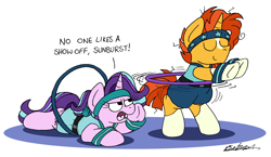 Size: 2408x1400 | Tagged: safe, artist:bobthedalek, derpibooru import, starlight glimmer, sunburst, pony, unicorn, g4, alternate hairstyle, belt, bipedal, blaze (coat marking), clothes, coat markings, dialogue, exercise, eyes closed, facial markings, female, horn, hula, loop-de-hoop, male, mare, ponytail, shorts, simple background, smiling, socks (coat marking), stallion, starlight glimmer is not amused, sweatband, unamused, vest, white background, workout outfit, wristband